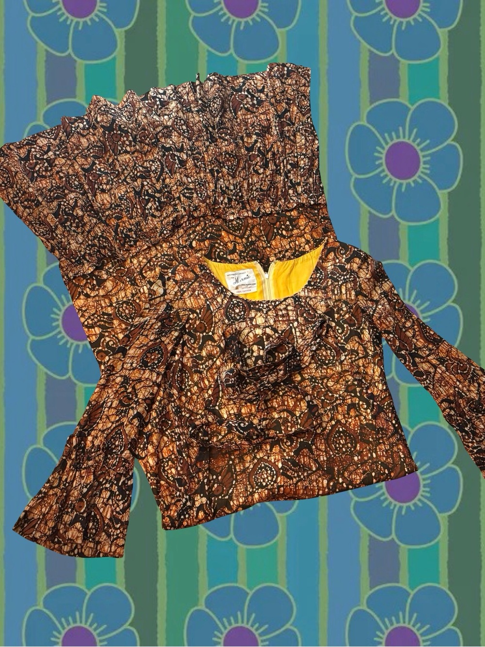 Vintage Brown Printed Maxi Dress with Sheer Sleeves and Ruffle Hem